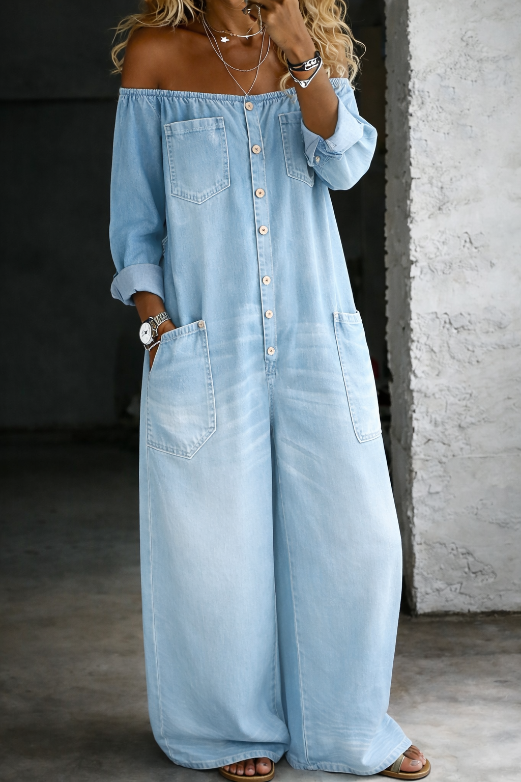 Sidonie | Denim Jumpsuit with Off-Shoulder Design – view 6