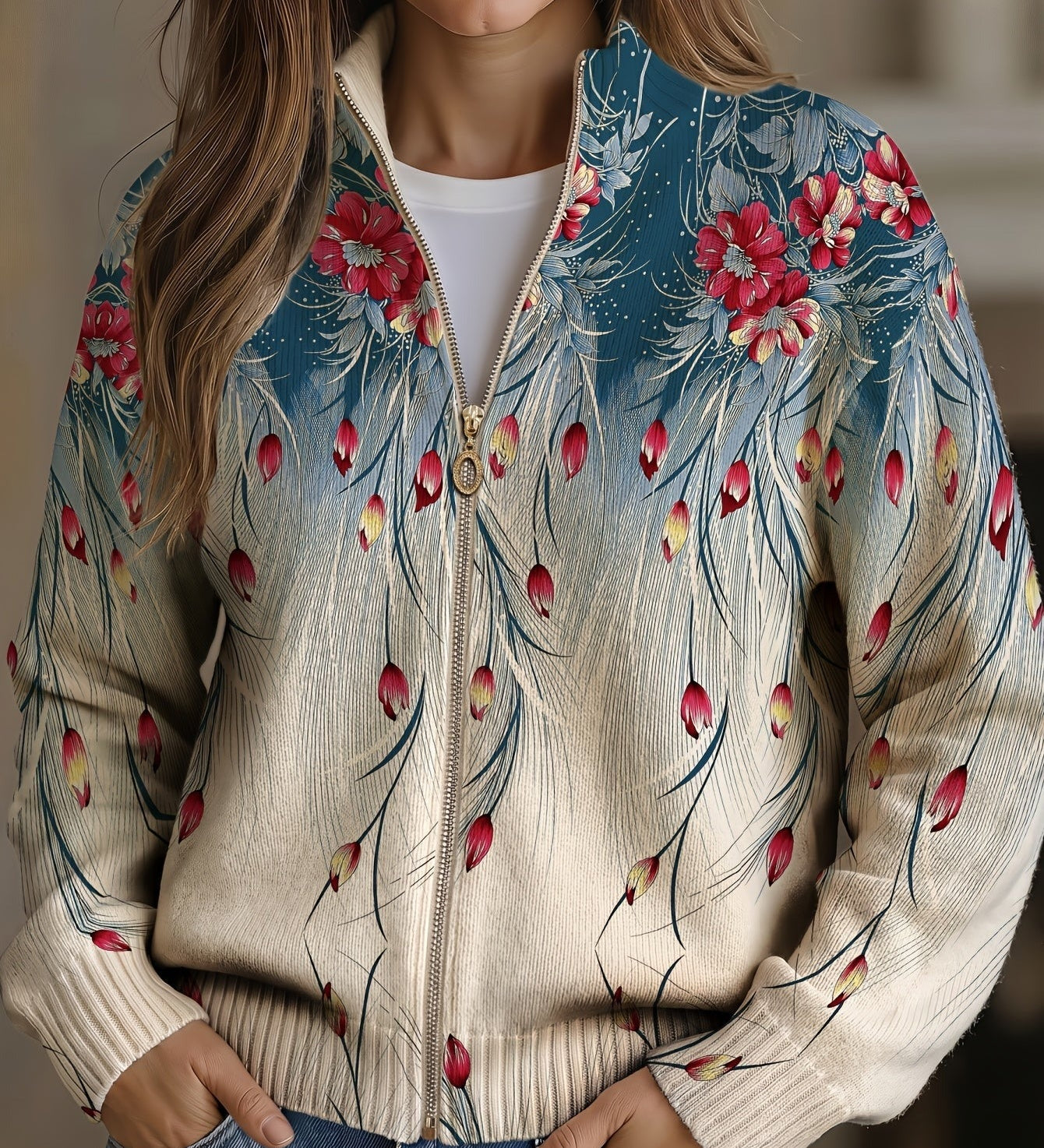 Ronait feather floral gradient zip cardigan for women | Ellie Dublin