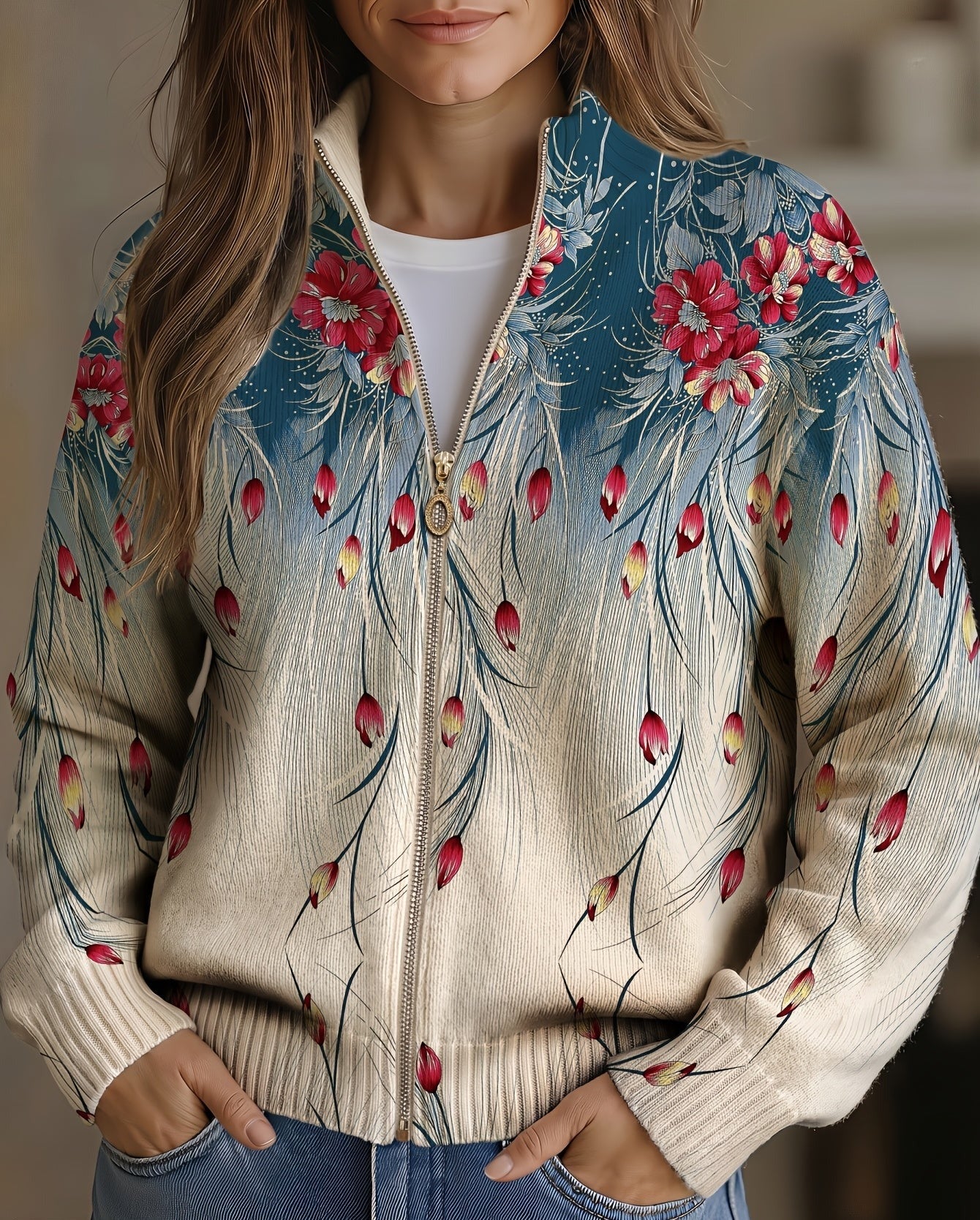 Ronait feather floral gradient zip cardigan for women | Ellie Dublin